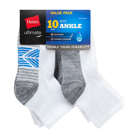 Hanes 10 Pair Quarter Ankle Socks Boys, Small, White