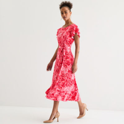 Perceptions Womens Short Sleeve Floral Midi Fit + Flare Dress