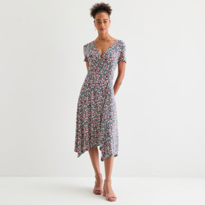 Perceptions Womens Short Sleeve Floral Midi Fit + Flare Dress