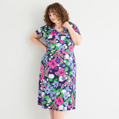 Perceptions Womens Short Sleeve Floral Midi Plus Fit + Flare Dress