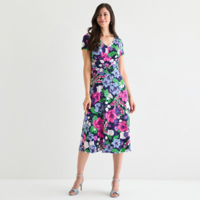 Perceptions Womens Short Sleeve Floral Midi Fit + Flare Dress