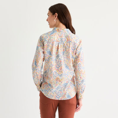 St. John's Bay Womens Easy-on + Easy-off Hidden Access Opening Cuffed Long Sleeve Regular Fit Button-Down Shirt