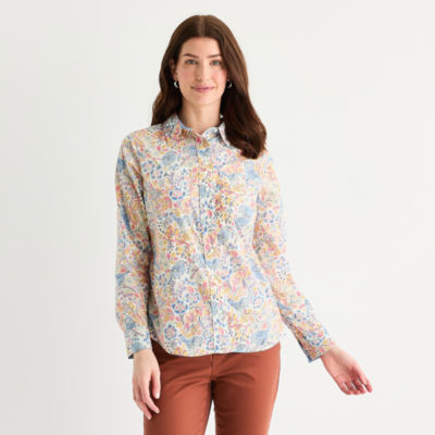 St. John's Bay Womens Easy-on + Easy-off Hidden Access Opening Cuffed Long Sleeve Regular Fit Button-Down Shirt