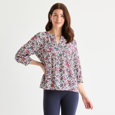 St. John's Bay Womens Split Crew Neck 3/4 Sleeve Blouse