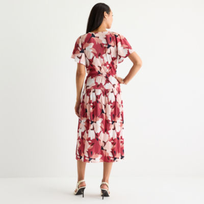 Liz Claiborne Womens Short Sleeve Midi Floral A-Line Dress