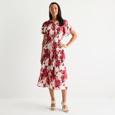 Liz Claiborne Womens Short Sleeve Midi Floral A-Line Dress