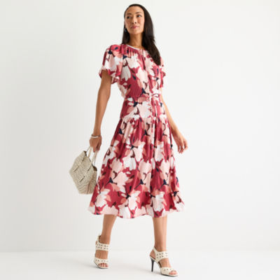 Liz Claiborne Womens Short Sleeve Midi Floral A-Line Dress