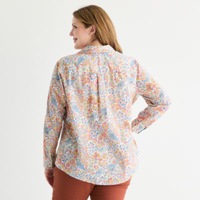St. John's Bay Womens Easy-on + Easy-off Hidden Access Opening Long Sleeve Fitted Regular Fit Plus Button-Down Shirt