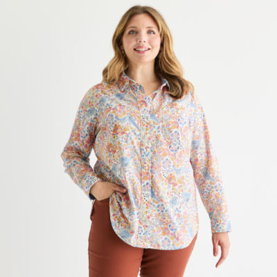 St. John's Bay Womens Easy-on + Easy-off Hidden Access Opening Long Sleeve Fitted Regular Fit Plus Button-Down Shirt