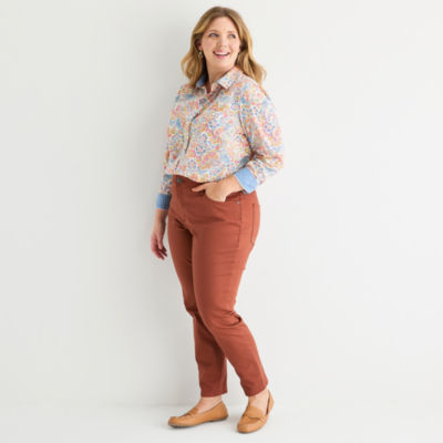 St. John's Bay Womens Easy-on + Easy-off Hidden Access Opening Long Sleeve Fitted Regular Fit Plus Button-Down Shirt