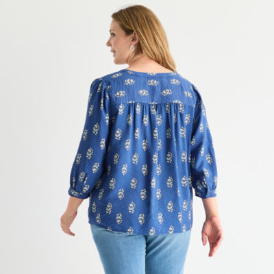 St. John's Bay Womens Split Crew Neck 3/4 Sleeve Plus Blouse