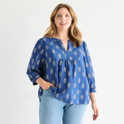 St. John's Bay Womens Split Crew Neck 3/4 Sleeve Plus Blouse