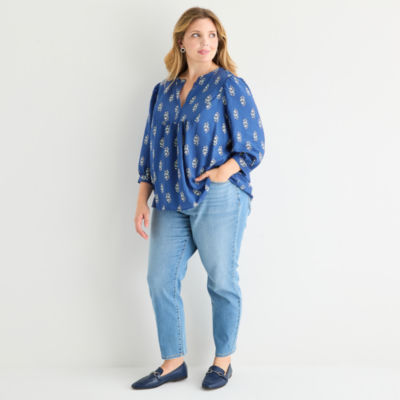St. John's Bay Womens Split Crew Neck 3/4 Sleeve Plus Blouse