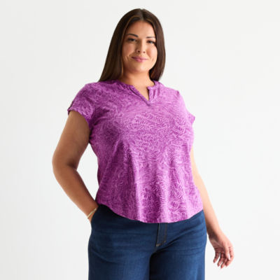Liz Claiborne Plus Womens Split Crew Neck Short Sleeve Blouse