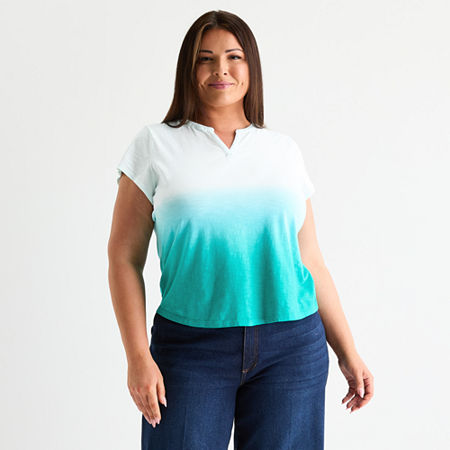Liz Claiborne Womens Split Crew Neck Short Sleeve Plus Blouse, 3x, Green