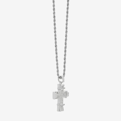 Mens Cubic Zirconia Stainless Steel Cross 26 Inch Pendant Necklace