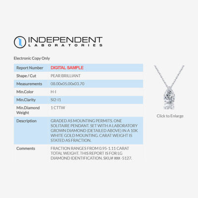 Ever Star (G / SI1-SI2) Womens 1 CT. T.W. Lab Grown White Diamond 10K White Gold Pear Pendant Necklace