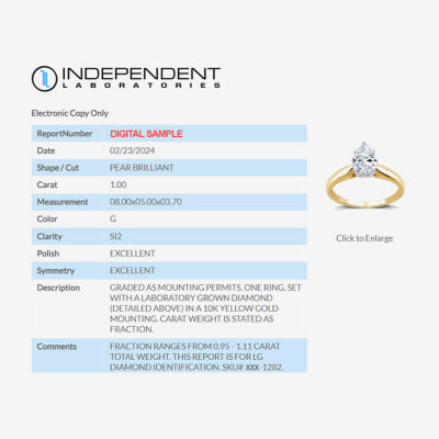 1 CT. Lab-Grown (G / SI2) Diamond Pear Solitaire Engagement Ring in 10K or 14K Gold