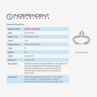 (G / Si2) Womens 1 CT. T.W. Lab Grown White Diamond 10K Gold Pear Solitaire Engagement Ring