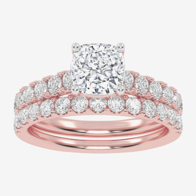 (G-H / Vs2-Si1) Womens 2 CT. T.W. Lab Grown White Diamond 14K Gold Cushion Side Stone Bridal Set