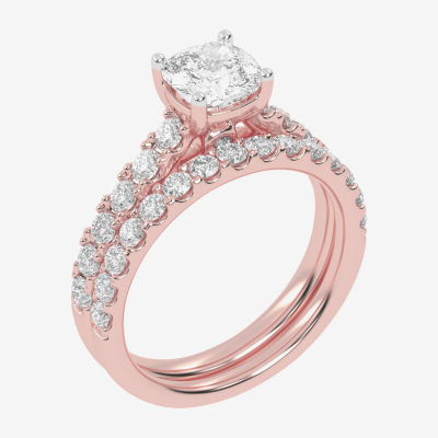 (G-H / Vs2-Si1) Womens 2 CT. T.W. Lab Grown White Diamond 14K Gold Cushion Side Stone Bridal Set