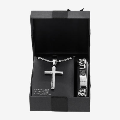 Mens Lord's Prayer 2-pc Stainless Steel Cross Necklace and ID bracelet Jewerly Set