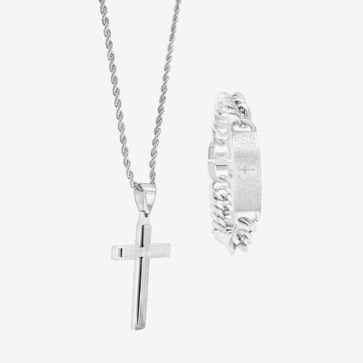 Mens Lord's Prayer 2-pc Stainless Steel Cross Necklace and ID bracelet Jewerly Set