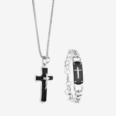 Mens 2-pc Stainless Steel Cross Necklace and ID bracelet Jewerly Set