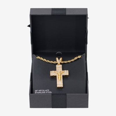 Crucifix Mens Cubic Zirconia Stainless Steel Cross Pendant Necklace