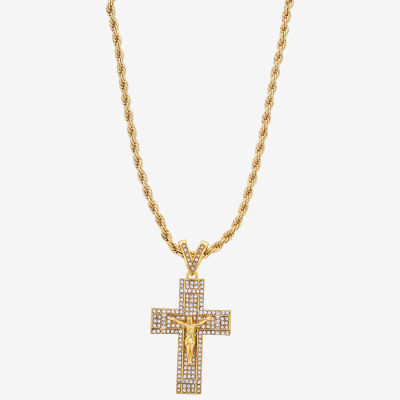 Mens Cubic Zirconia Stainless Steel Cross Pendant Necklace