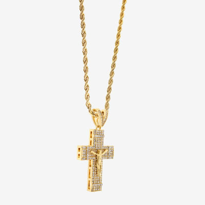 Crucifix Mens Cubic Zirconia Stainless Steel Cross Pendant Necklace