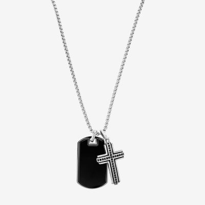 Mens Simulated Black Onyx Stainless Steel Cross 26 Inch Pendant Necklace