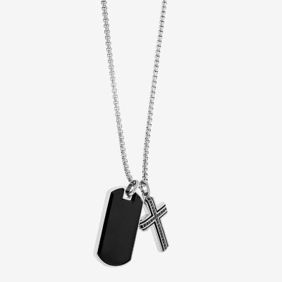 Mens Simulated Black Onyx Stainless Steel Cross Pendant Necklace