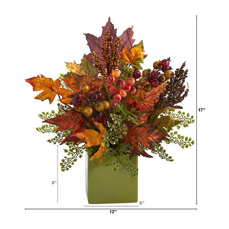 Nearly Natural Faux Maple Leaf Berry Maiden Hair Floral Arrangement, One Size, Orange