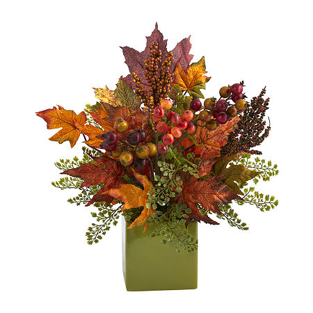 Nearly Natural Faux Maple Leaf Berry Maiden Hair Floral Arrangement, One Size, Orange