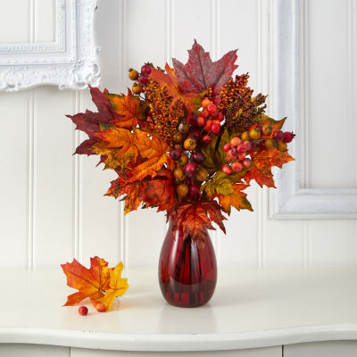 Nearly Natural 18in Faux Maple Leaf Berry Floral Arrangement