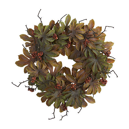 Nearly Natural Fatsia Autumn Wreath, One Size, Green