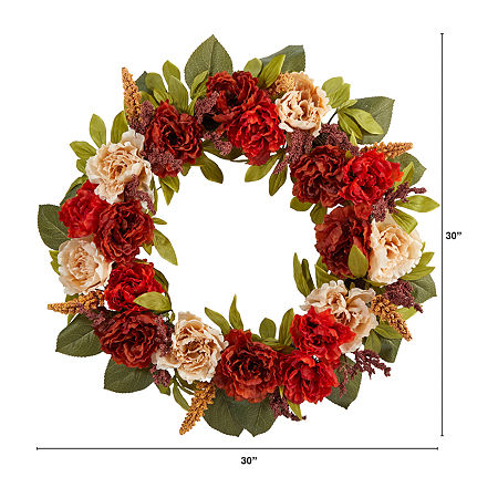 Nearly Natural 30in Harvest And Peony Faux Wreath, One Size, Orange