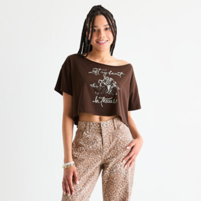 Arizona Off The Shoulder Womens Juniors Short Sleeve T-Shirt