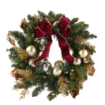 North Pole Trading Co. Gold And Burgundy Indoor Pre-Lit Christmas Wreath