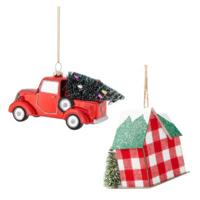 North Pole Trading Co. Gingham Hosue And Truck Set 2-pc. Christmas Ornament