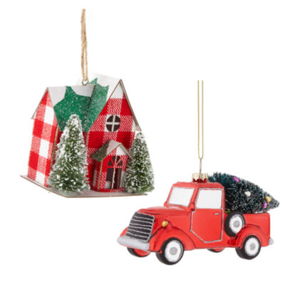 North Pole Trading Co. Gingham Hosue And Truck Set 2-pc. Christmas Ornament