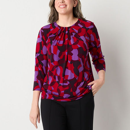 Liz Claiborne Womens Round Neck 3/4 Sleeve Blouse, Petite Large, Red