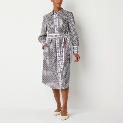 St. John's Bay Womens Long Sleeve Medallion Midi Shirt Dress