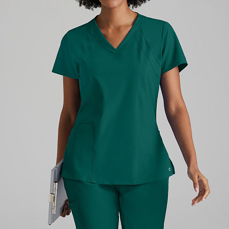 Barco One 5105 Racer 4-Pocket Womens V Neck Short Sleeve Tag Free Stretch Fabric Moisture Wicking Scrub Tops