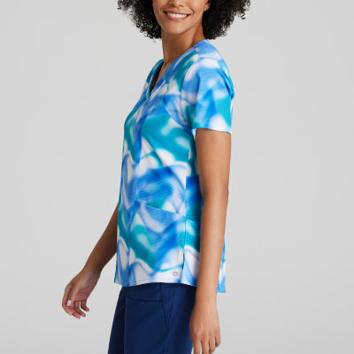 Barco One 5107 Thrive 4-Pocket Print Womens V Neck Moisture Wicking Short Sleeve Scrub Top