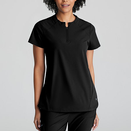 Barco One Bot216 Flux 2-Pocket Banded Zip Collar Womens High Neck Wrinkle Resistant Short Sleeve Scrub Top, X-small, Black