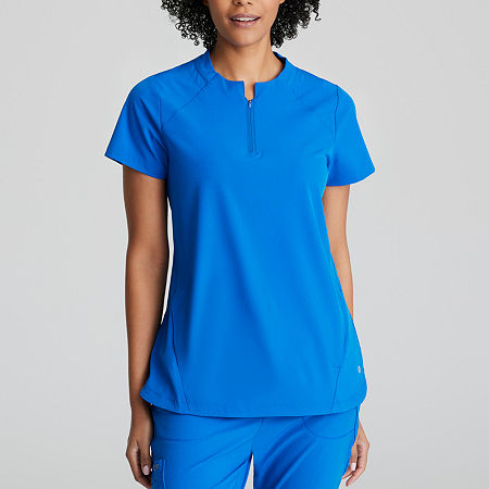 Barco One Bot216 Flux 2-Pocket Banded Zip Collar Womens High Neck Wrinkle Resistant Short Sleeve Scrub Top, Small, Blue