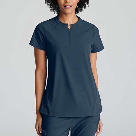 Barco One Bot216 Flux 2-Pocket Banded Zip Collar Womens High Neck Wrinkle Resistant Short Sleeve Scrub Top, X-small, Gray