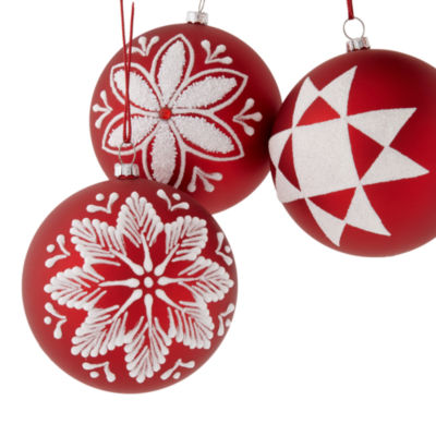 North Pole Trading Co. Red Balls With White Design Set 3-pc. Christmas Ornament